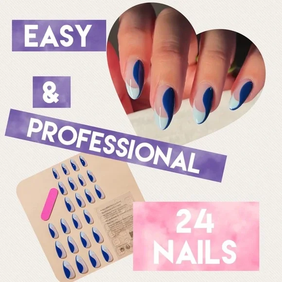 Acrylic Medium Almond Tip French Manicure Blue Swirl Nails Professional - Picture 2 of 6